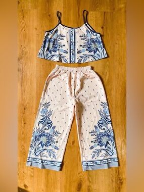 Blue & White Floral Two-Piece Crop Top and Wide Leg Pants Set- Mango silk fabric